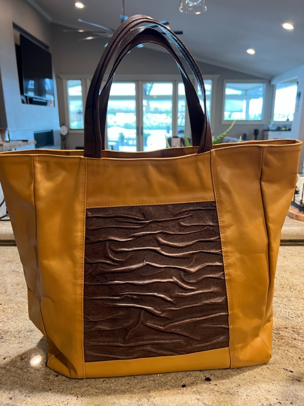 Stylish Leather Two-Tone Mustard and Dark Brown Tote Bag -